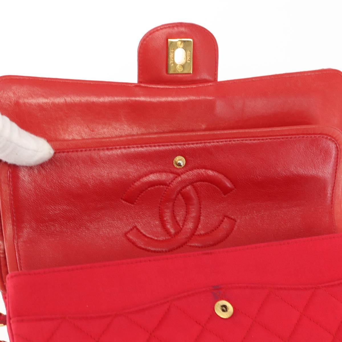 CHANEL Matelasse 25 Double Flap Chain Shoulder Bag Satin Red Gold CC Auth 145843