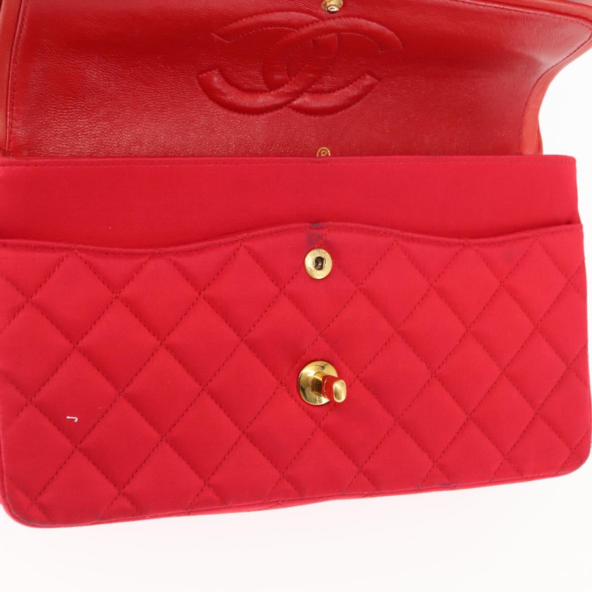 CHANEL Matelasse 25 Double Flap Chain Shoulder Bag Satin Red Gold CC Auth 145843