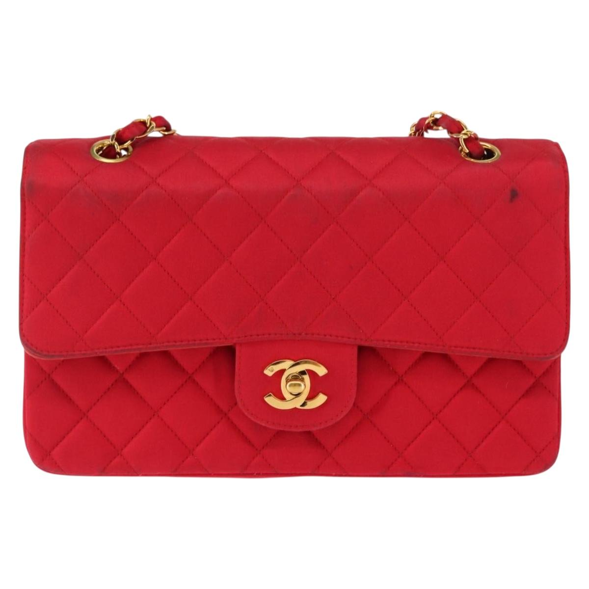 CHANEL Matelasse 25 Double Flap Chain Shoulder Bag Satin Red Gold CC Auth 145843