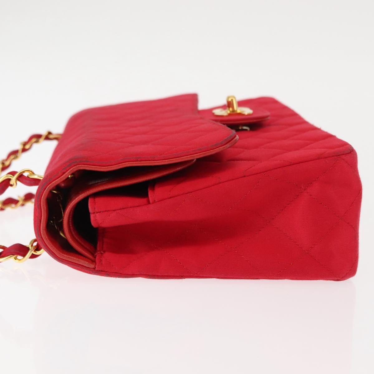 CHANEL Matelasse 25 Double Flap Chain Shoulder Bag Satin Red Gold CC Auth 145843