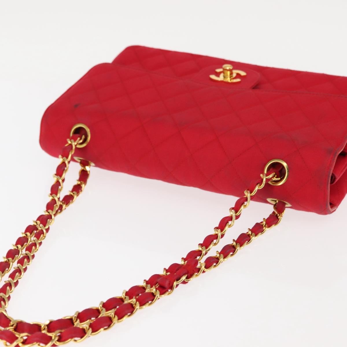 CHANEL Matelasse 25 Double Flap Chain Shoulder Bag Satin Red Gold CC Auth 145843