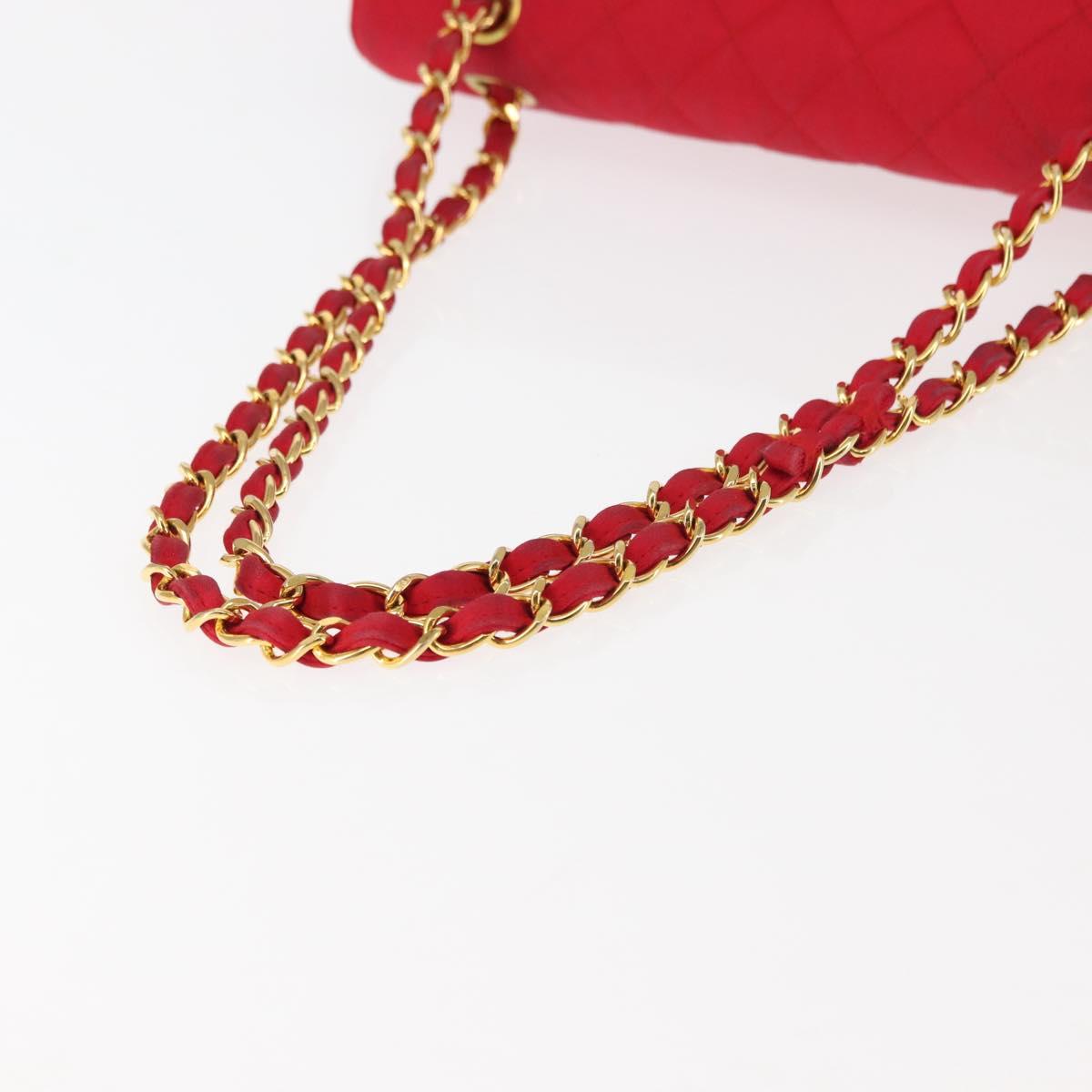 CHANEL Matelasse 25 Double Flap Chain Shoulder Bag Satin Red Gold CC Auth 145843