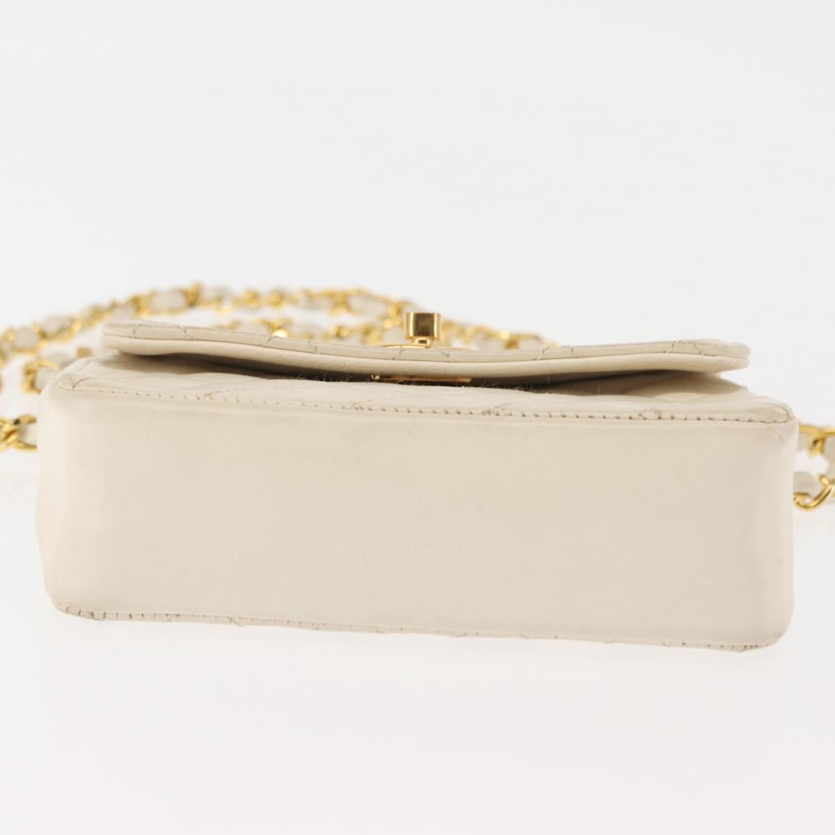 CHANEL Chain Mini Shoulder Bag Lamb Skin White Gold CC Auth 145844