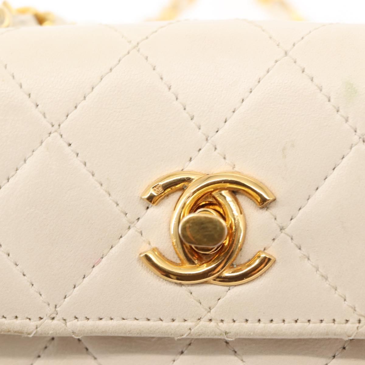 CHANEL Chain Mini Shoulder Bag Lamb Skin White Gold CC Auth 145844