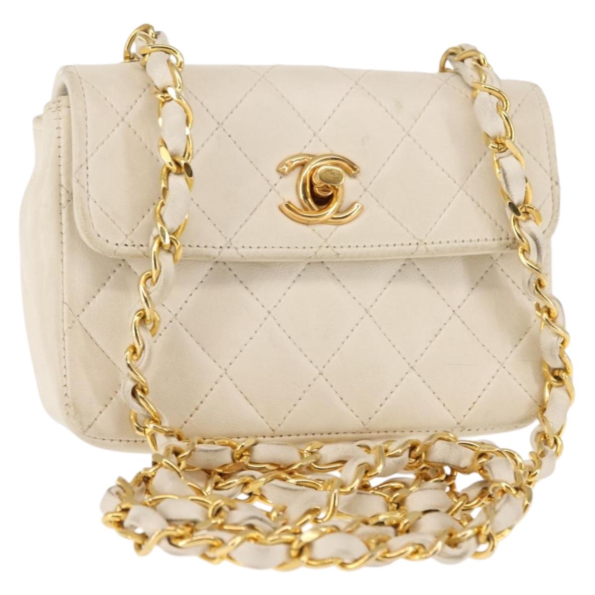 CHANEL Chain Mini Shoulder Bag Lamb Skin White Gold CC Auth 145844