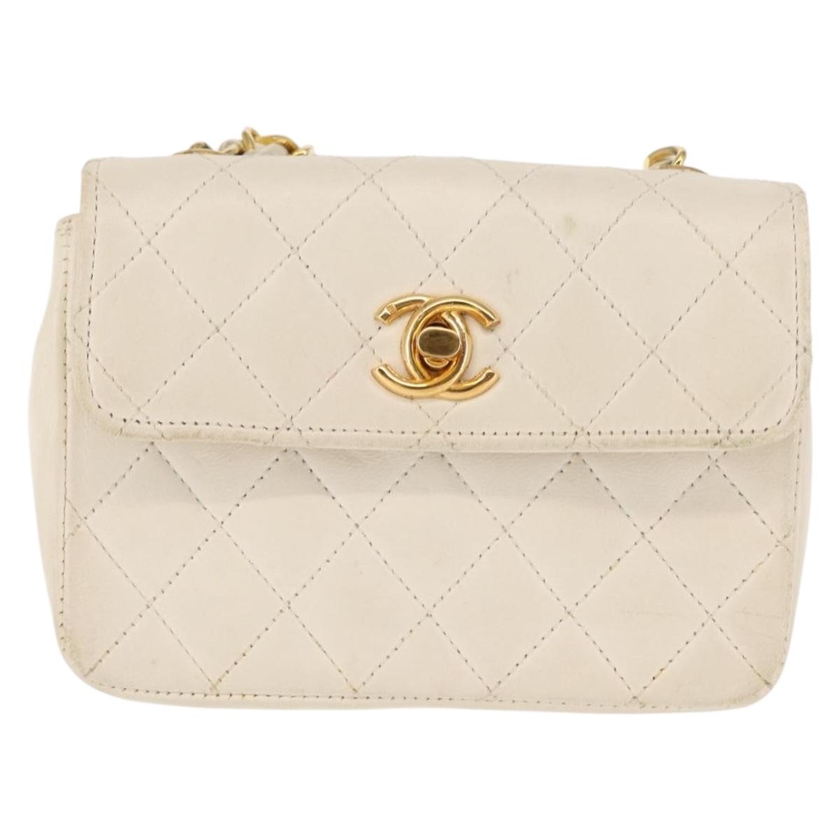 CHANEL Chain Mini Shoulder Bag Lamb Skin White Gold CC Auth 145844