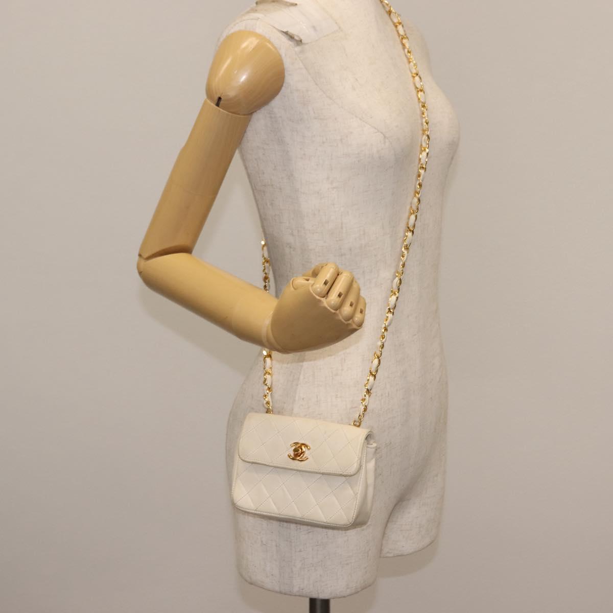 CHANEL Chain Mini Shoulder Bag Lamb Skin White Gold CC Auth 145844