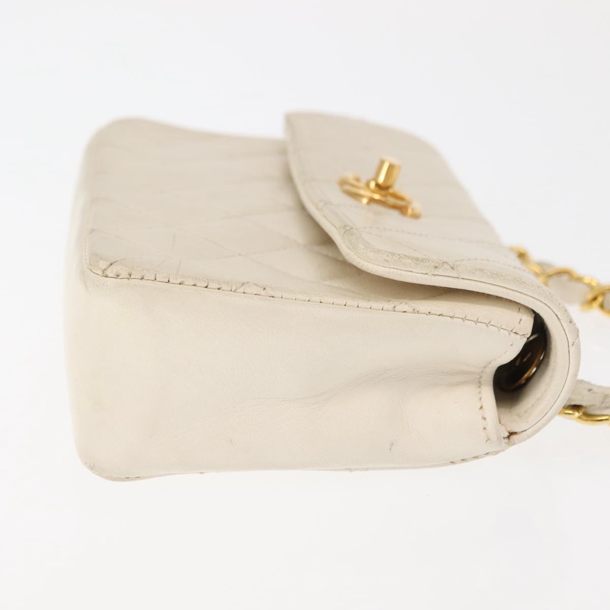 CHANEL Chain Mini Shoulder Bag Lamb Skin White Gold CC Auth 145844