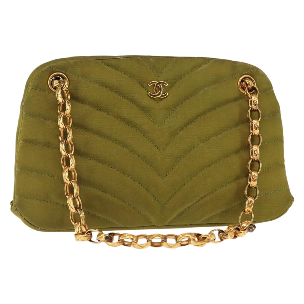 CHANEL V-stitched Chain Shoulder Bag Nylon Khaki Gold CC Auth 145845