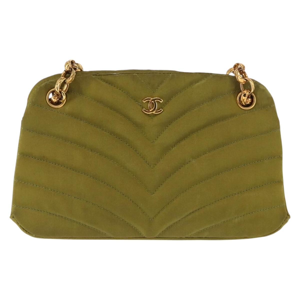 CHANEL V-stitched Chain Shoulder Bag Nylon Khaki Gold CC Auth 145845