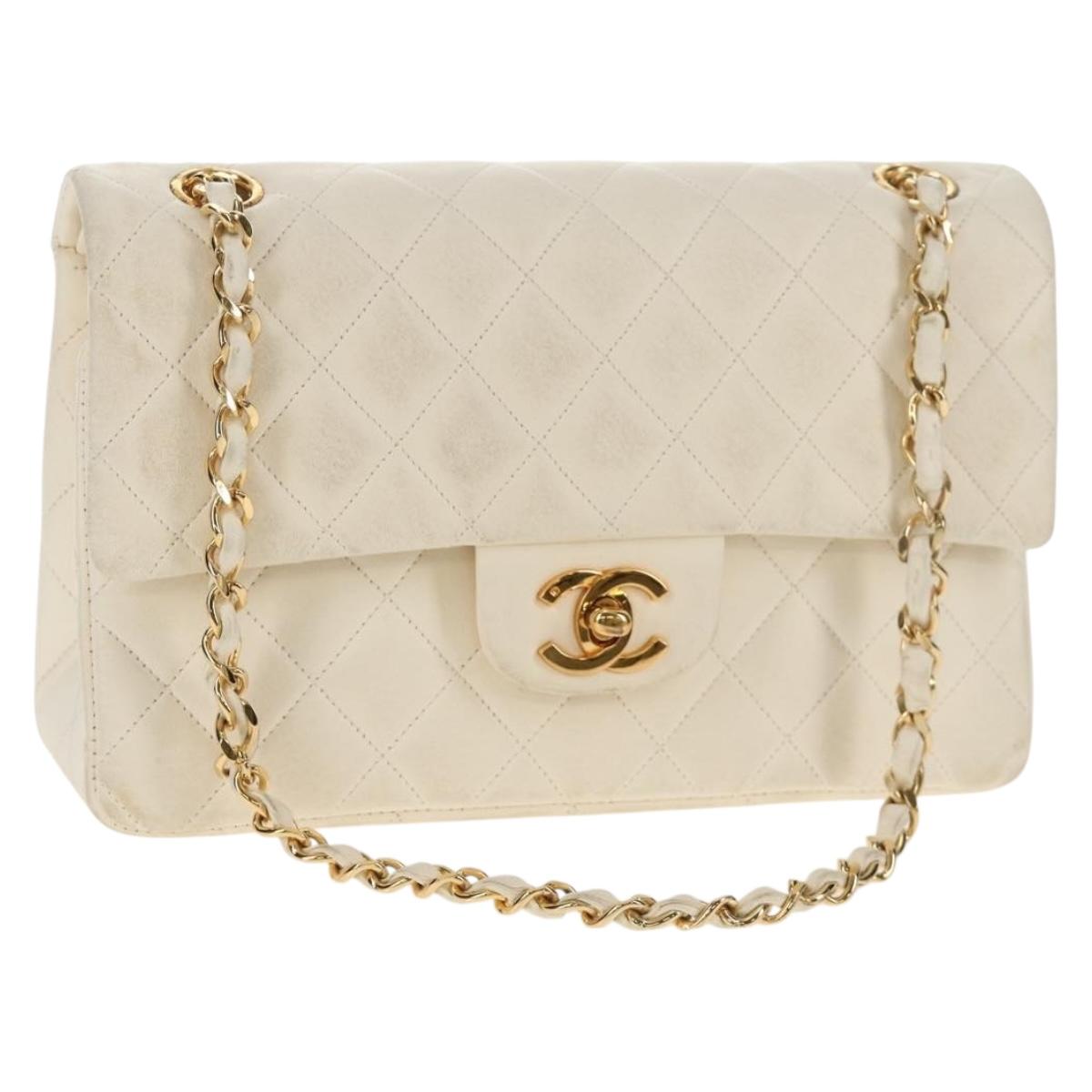 CHANEL Matelasse 23 Double Flap Chain Bag Lamb Skin White Gold CC Auth 145846A