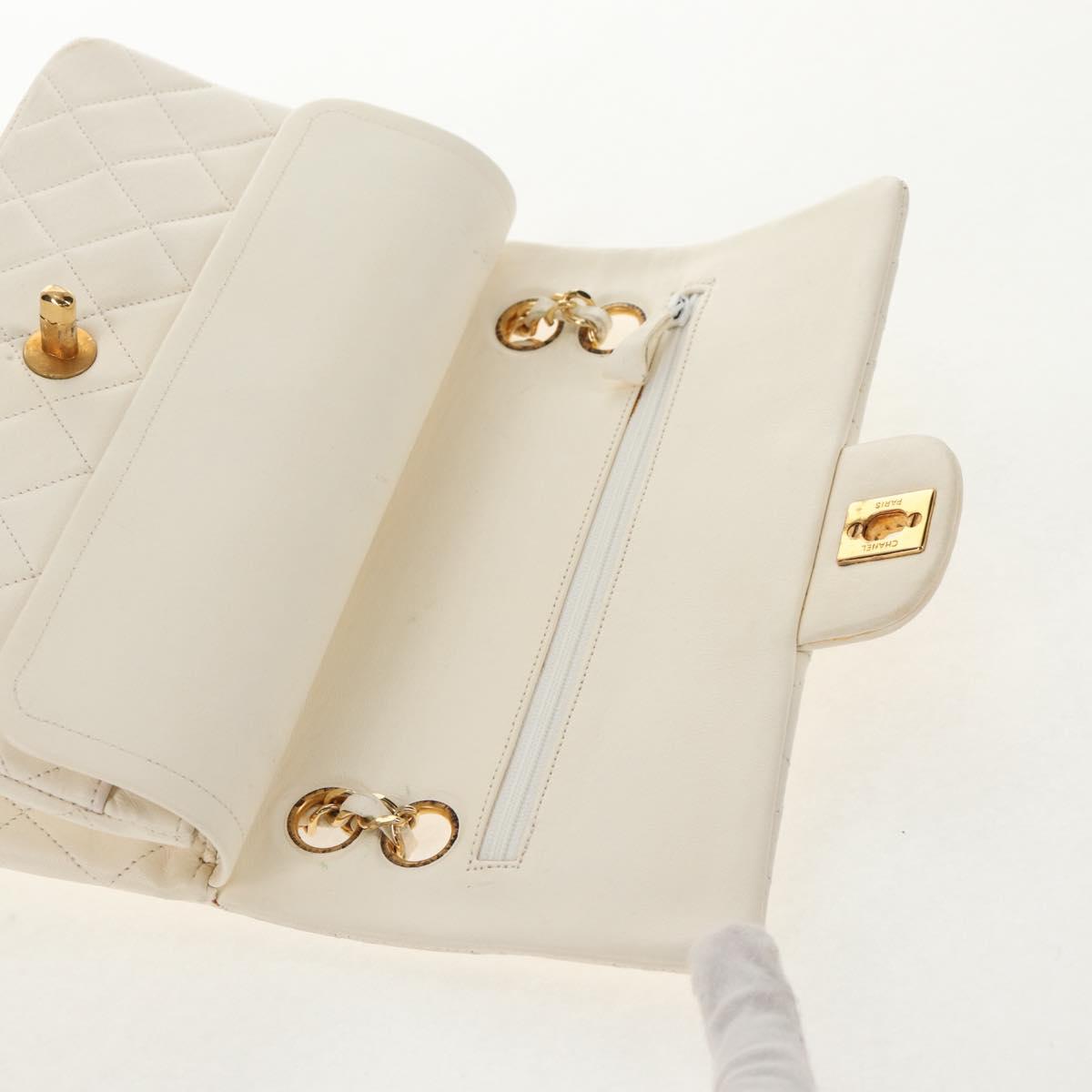 CHANEL Matelasse 23 Double Flap Chain Bag Lamb Skin White Gold CC Auth 145846A