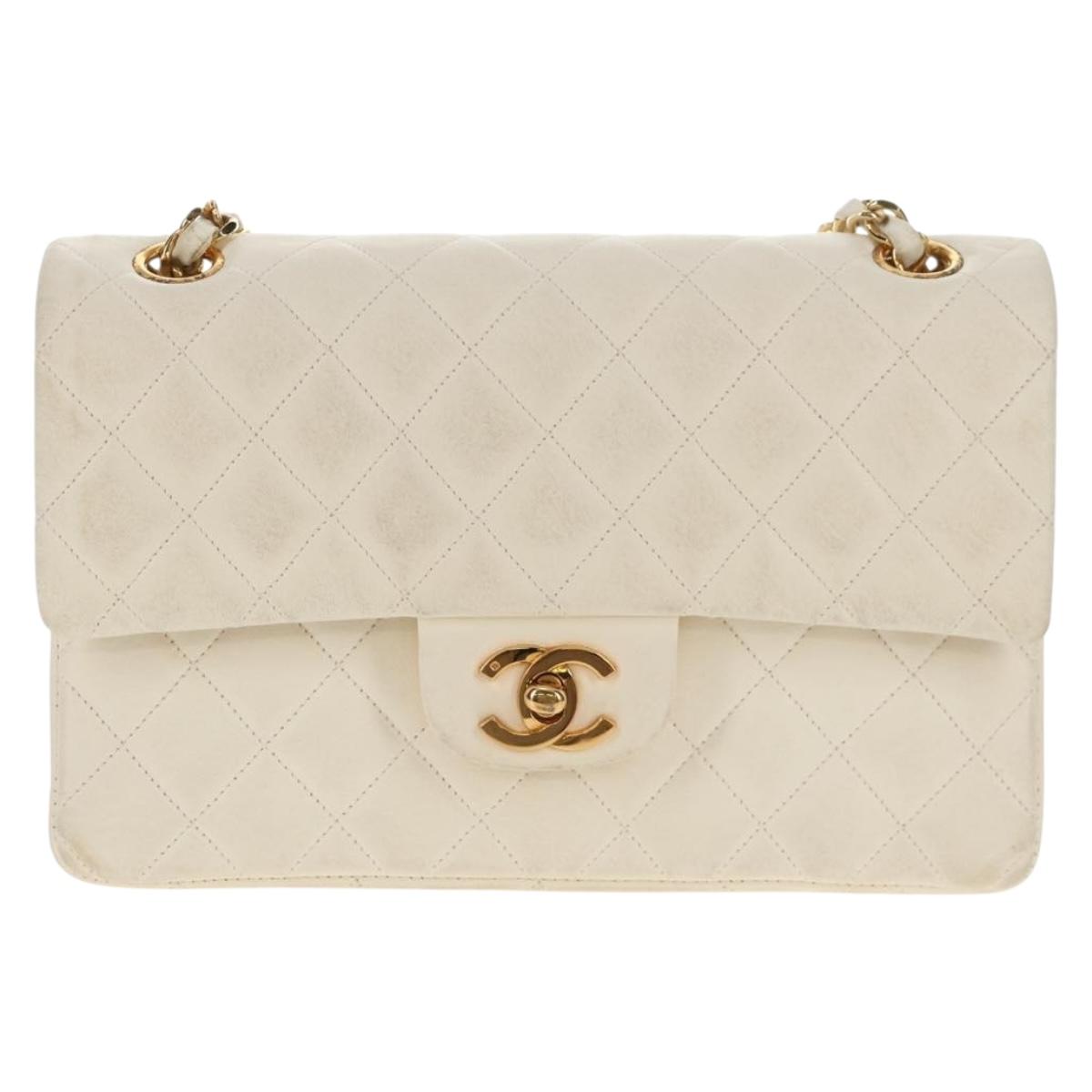 CHANEL Matelasse 23 Double Flap Chain Bag Lamb Skin White Gold CC Auth 145846A