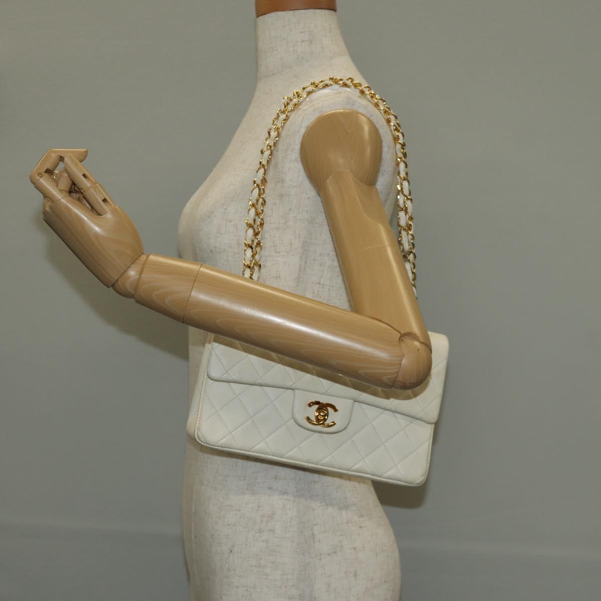 CHANEL Matelasse 23 Double Flap Chain Bag Lamb Skin White Gold CC Auth 145846A