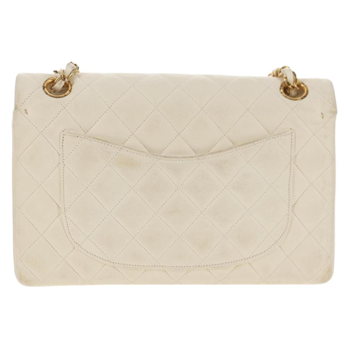 CHANEL Matelasse 23 Double Flap Chain Bag Lamb Skin White Gold CC Auth 145846A