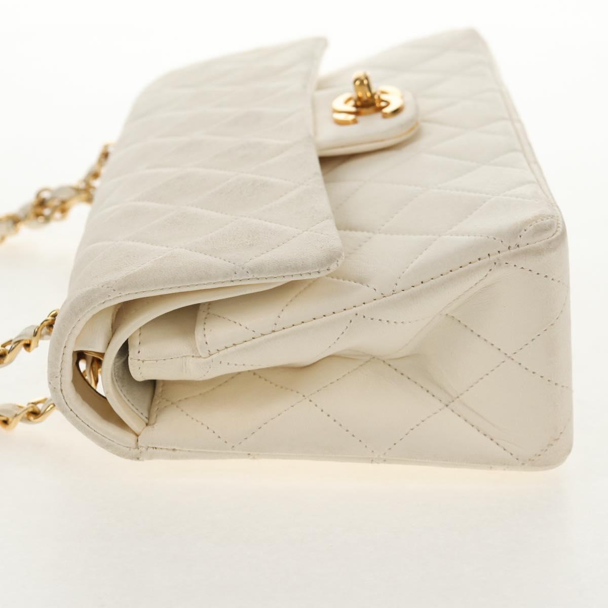 CHANEL Matelasse 23 Double Flap Chain Bag Lamb Skin White Gold CC Auth 145846A