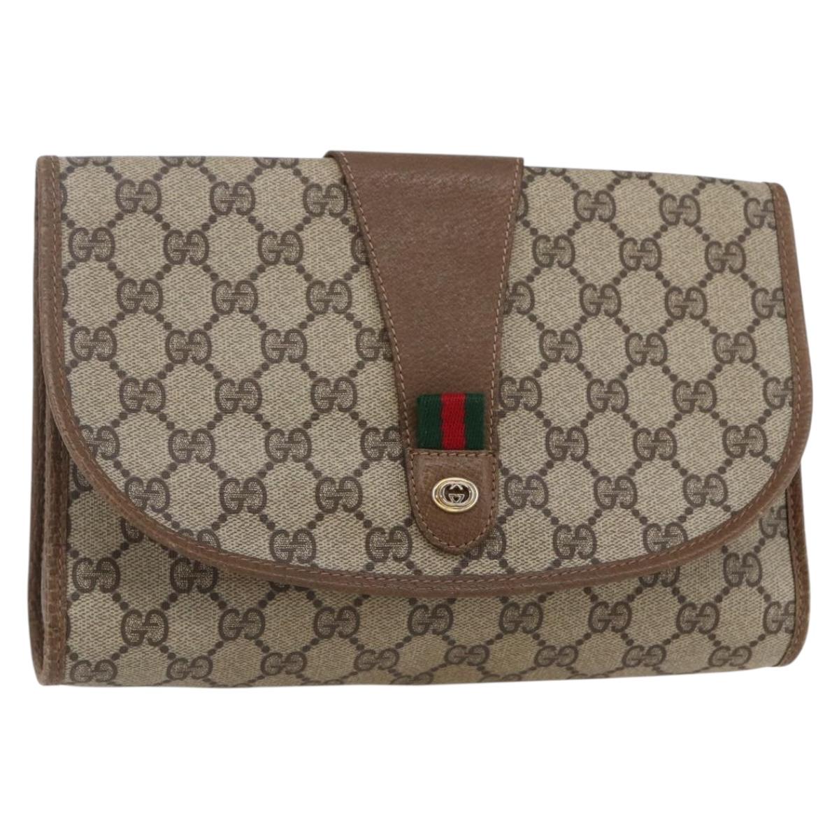 GUCCI GG Supreme Web Sherry Line Clutch Bag PVC Beige Red 89 01 030 Auth 145877