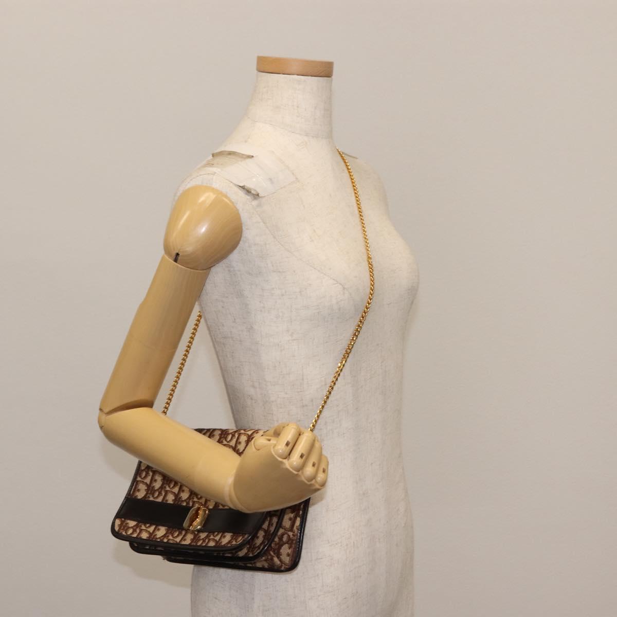 Christian Dior Trotter Canvas Chain Shoulder Bag Brown Gold Auth 145878