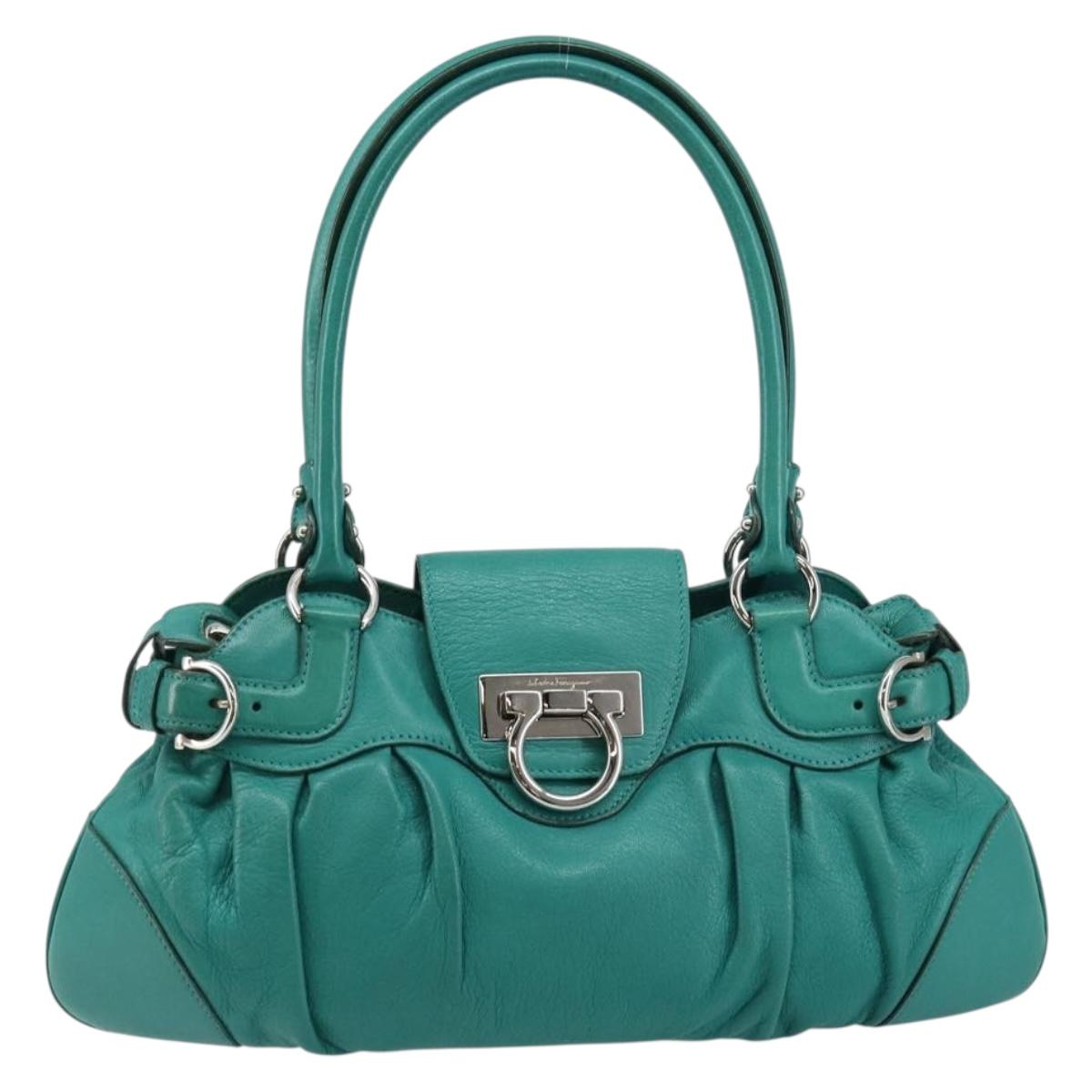Salvatore Ferragamo Gancini Shoulder Bag Leather Green Silver Auth 145879