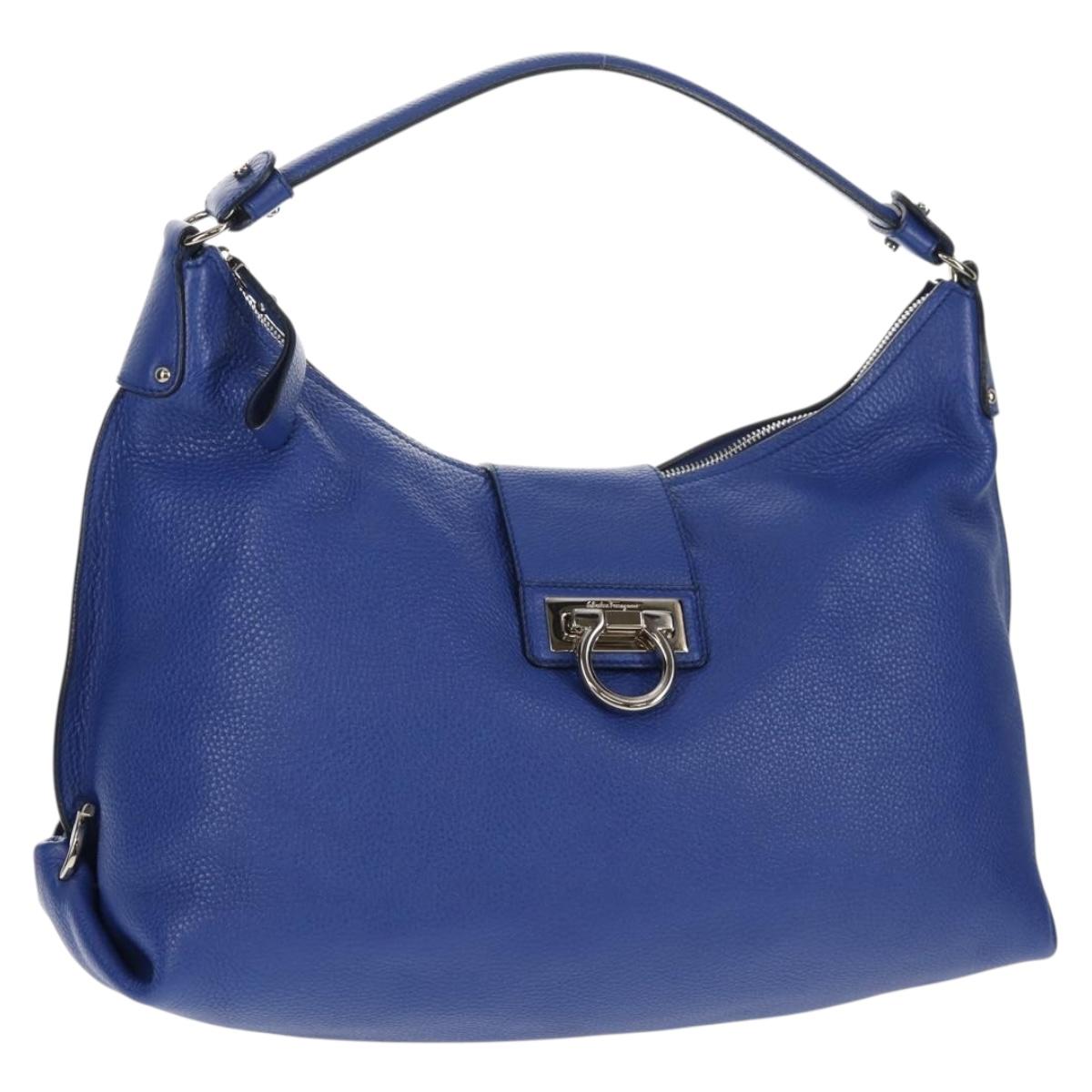 Salvatore Ferragamo Gancini Shoulder Bag Leather Blue Silver Auth 145880V