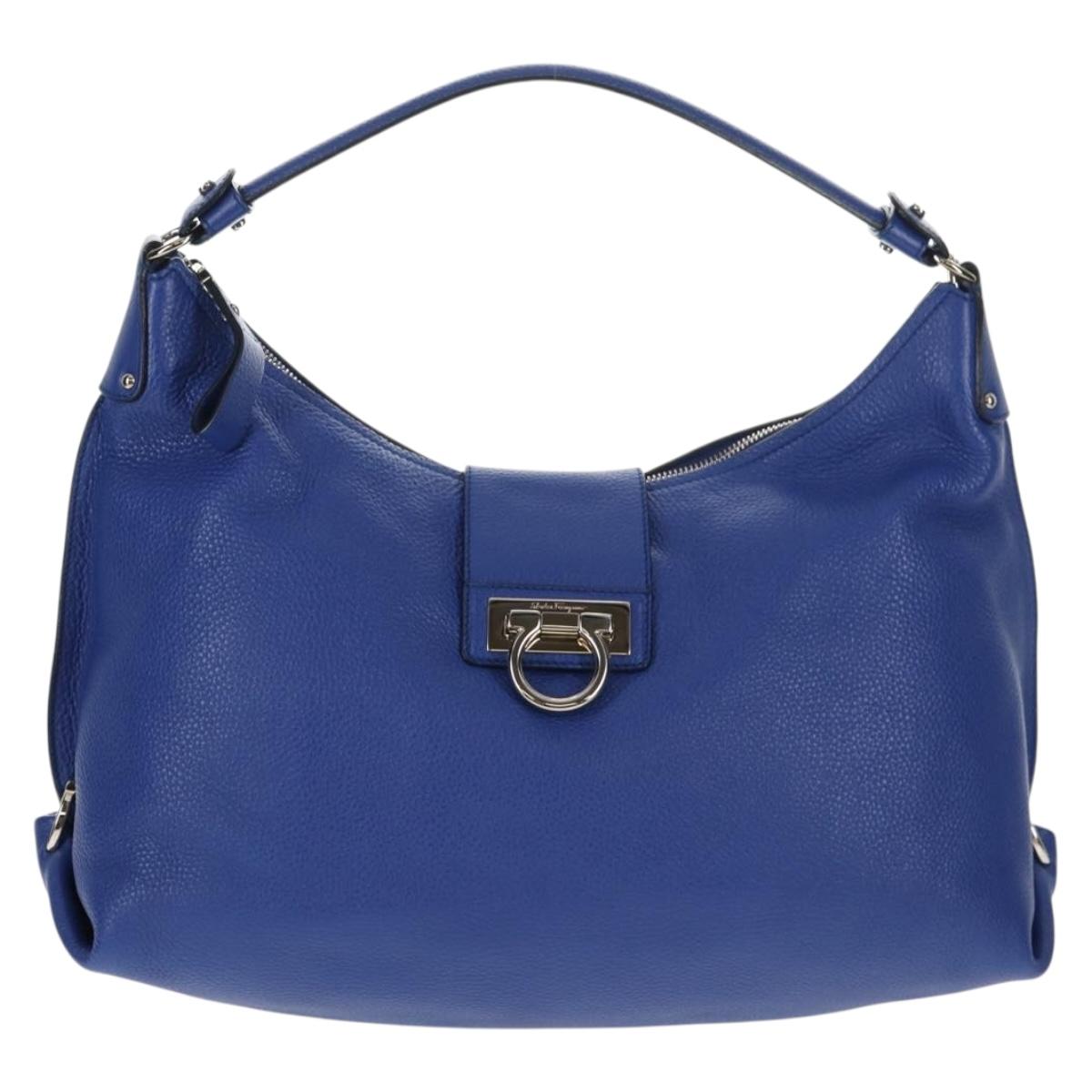 Salvatore Ferragamo Gancini Shoulder Bag Leather Blue Silver Auth 145880V