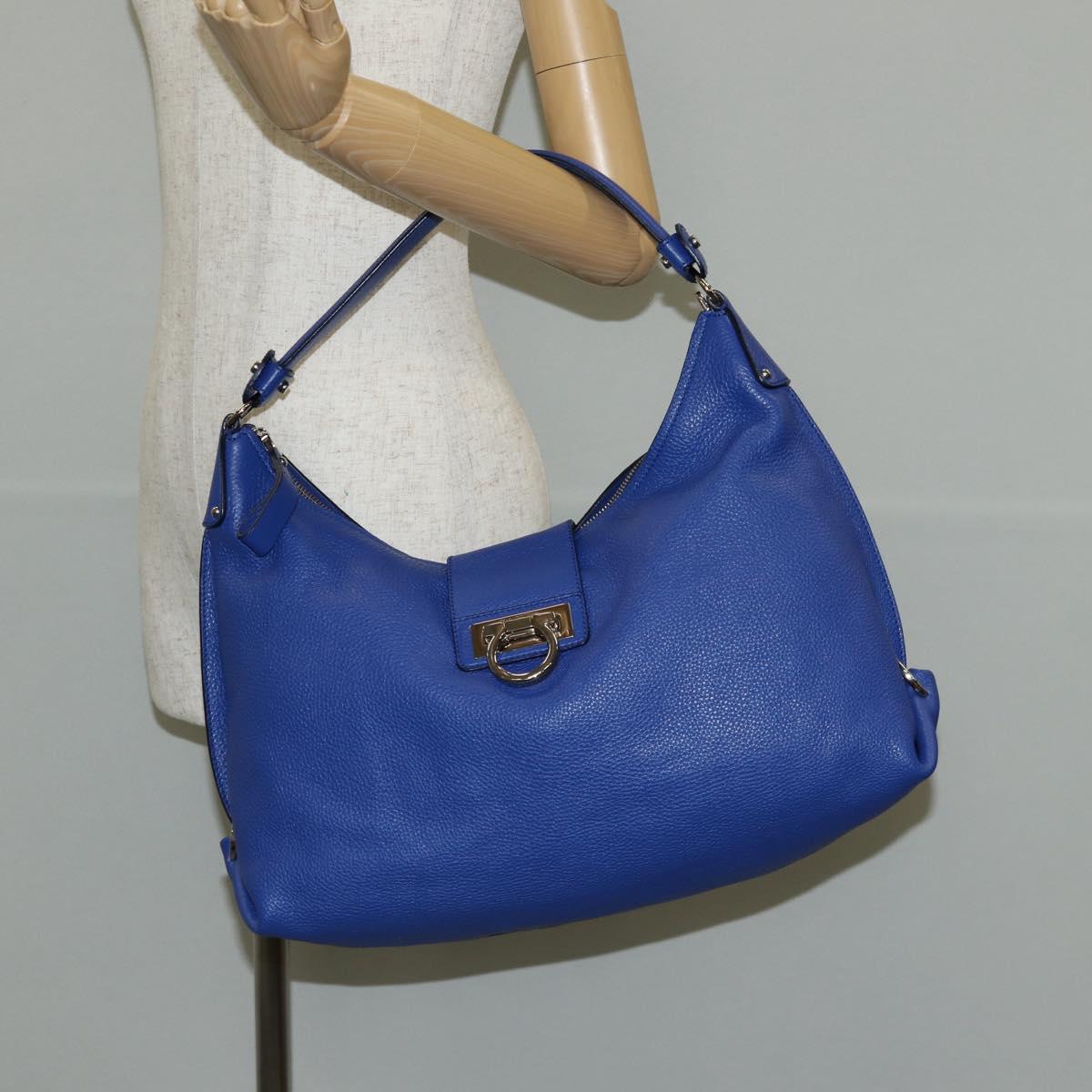 Salvatore Ferragamo Gancini Shoulder Bag Leather Blue Silver Auth 145880V