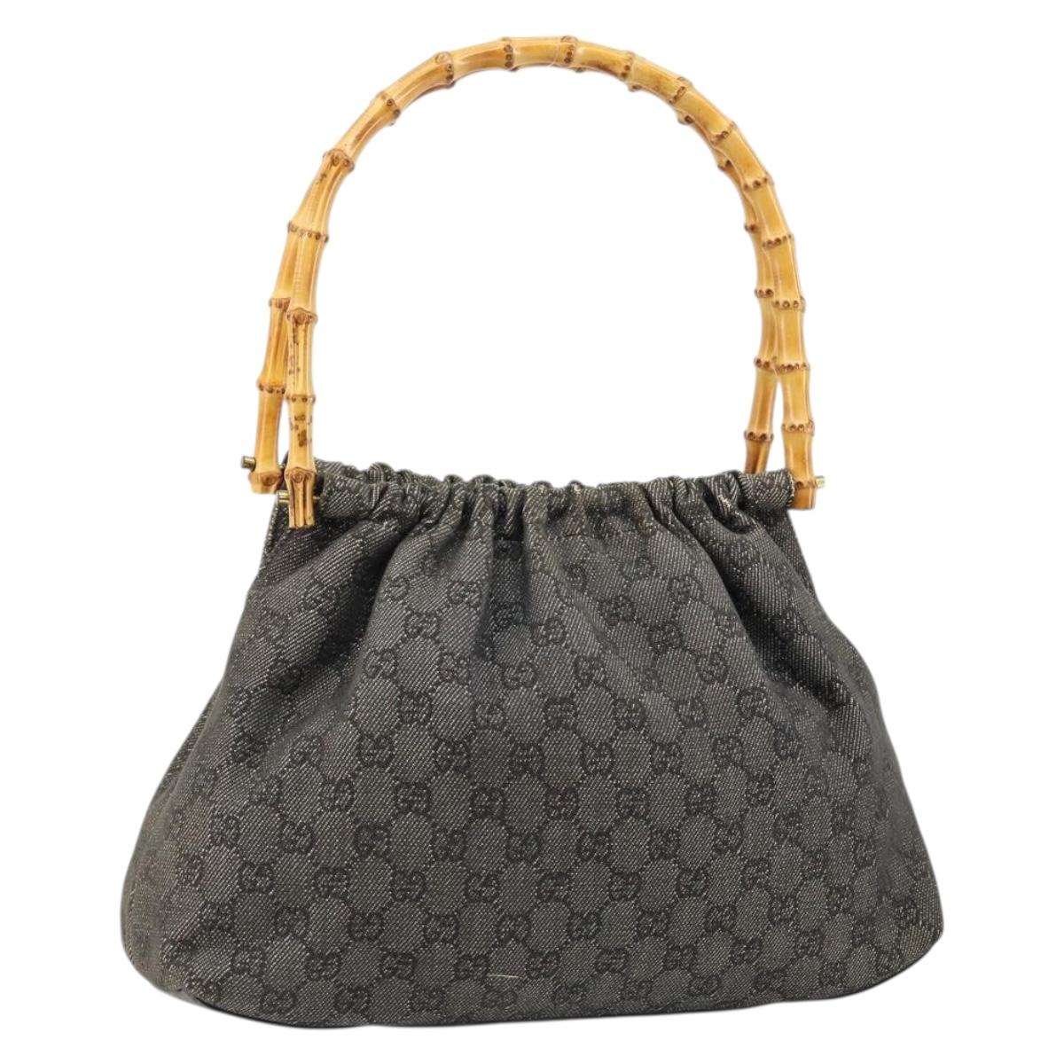 GUCCI Bamboo GG Canvas Shoulder Bag Black Gold 92708 Auth 145883