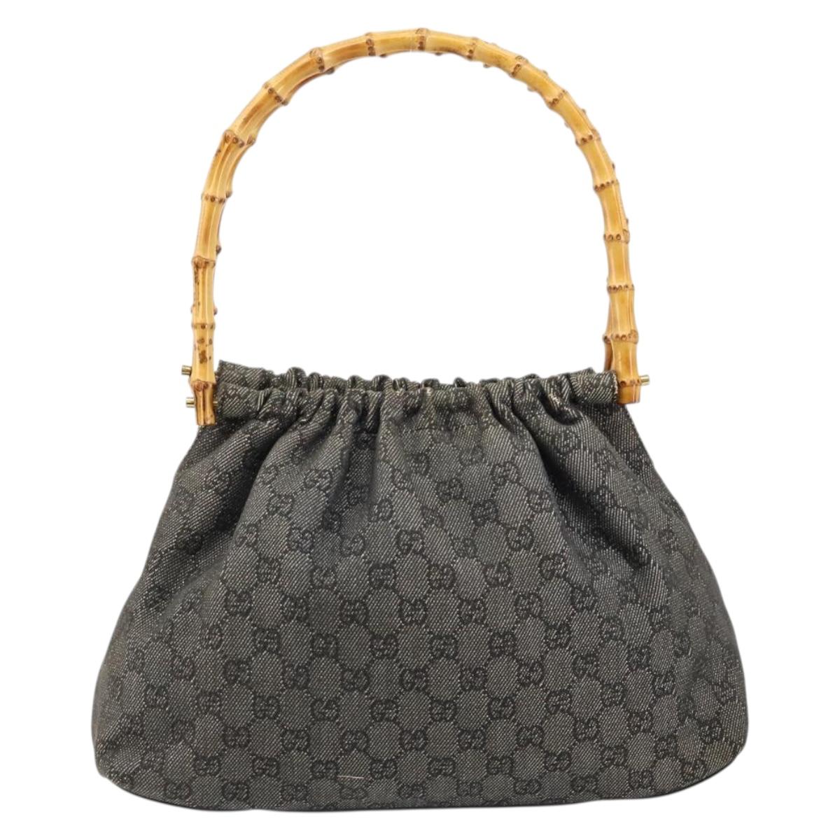 GUCCI Bamboo GG Canvas Shoulder Bag Black Gold 92708 Auth 145883