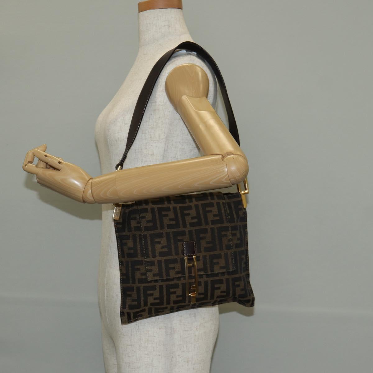 FENDI Zucca Canvas Mamma Baguette Shoulder Bag Black Brown gold Auth 145885V
