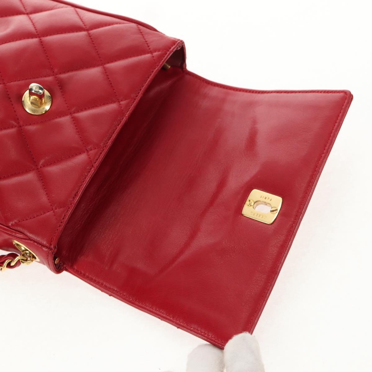 CHANEL Matelasse Chain Shoulder Bag Lamb Skin Red Gold CC Auth 145887A