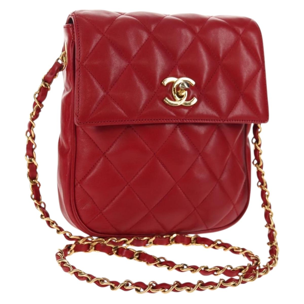 CHANEL Matelasse Chain Shoulder Bag Lamb Skin Red Gold CC Auth 145887A