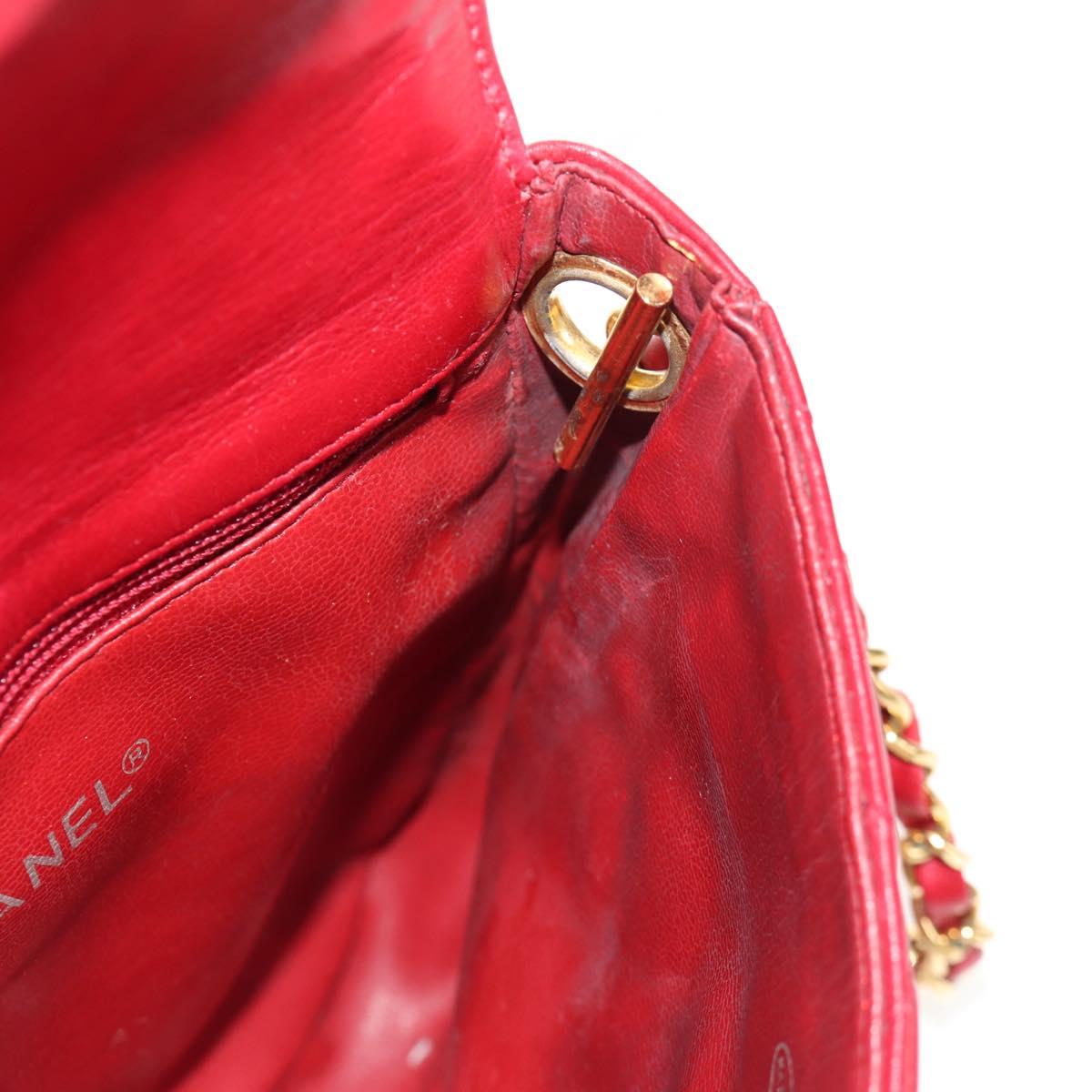 CHANEL Matelasse Chain Shoulder Bag Lamb Skin Red Gold CC Auth 145887A