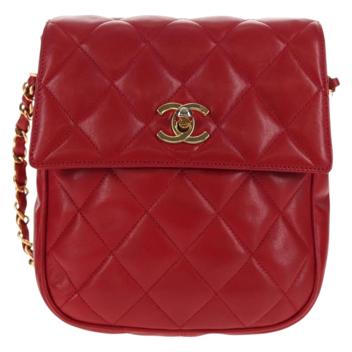CHANEL Matelasse Chain Shoulder Bag Lamb Skin Red Gold CC Auth 145887A