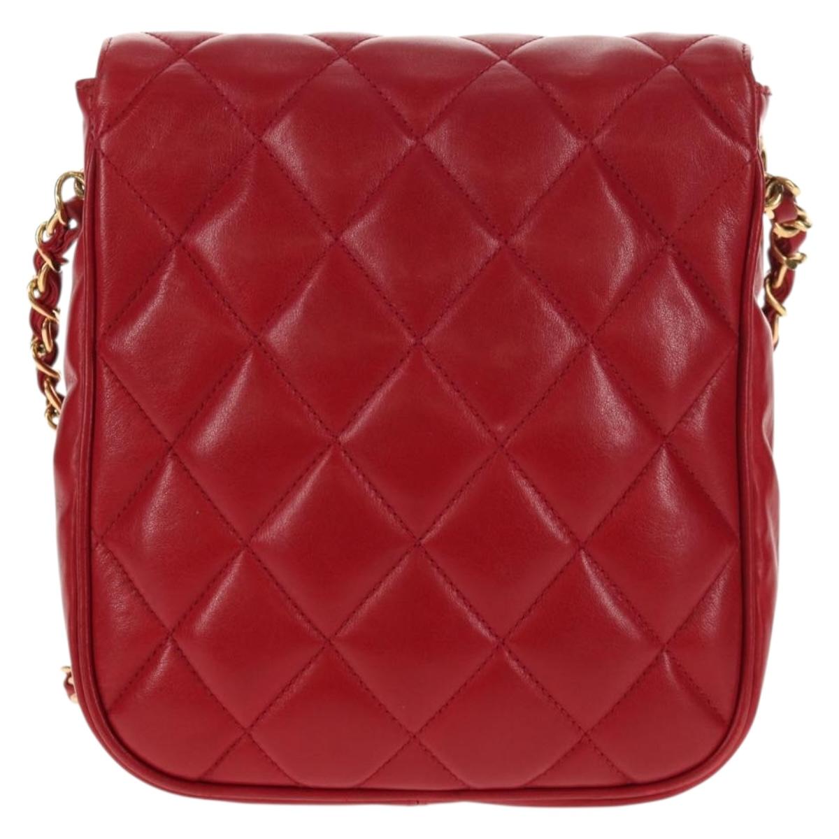 CHANEL Matelasse Chain Shoulder Bag Lamb Skin Red Gold CC Auth 145887A