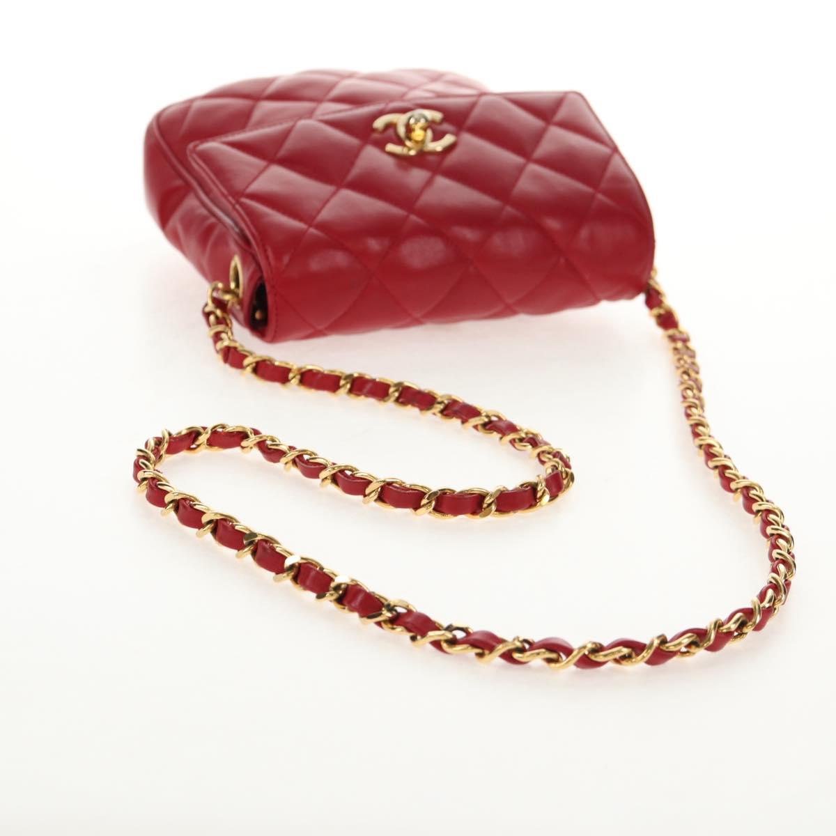 CHANEL Matelasse Chain Shoulder Bag Lamb Skin Red Gold CC Auth 145887A