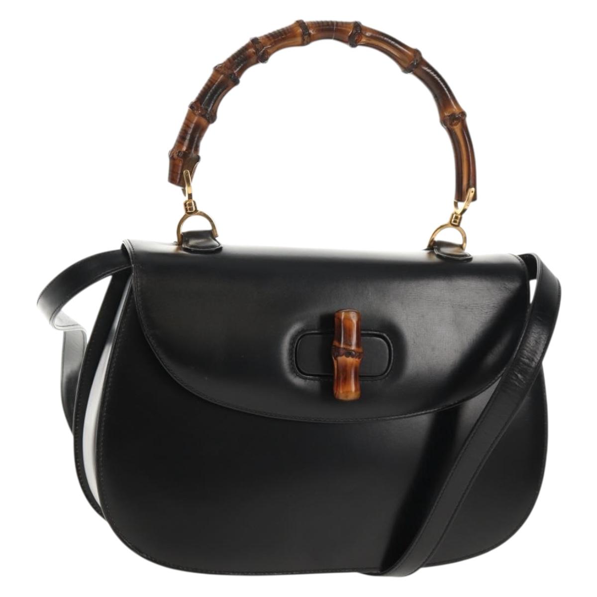 GUCCI Bamboo Hand Bag Leather 2way Black Gold 000 46 0063 Auth 145923A