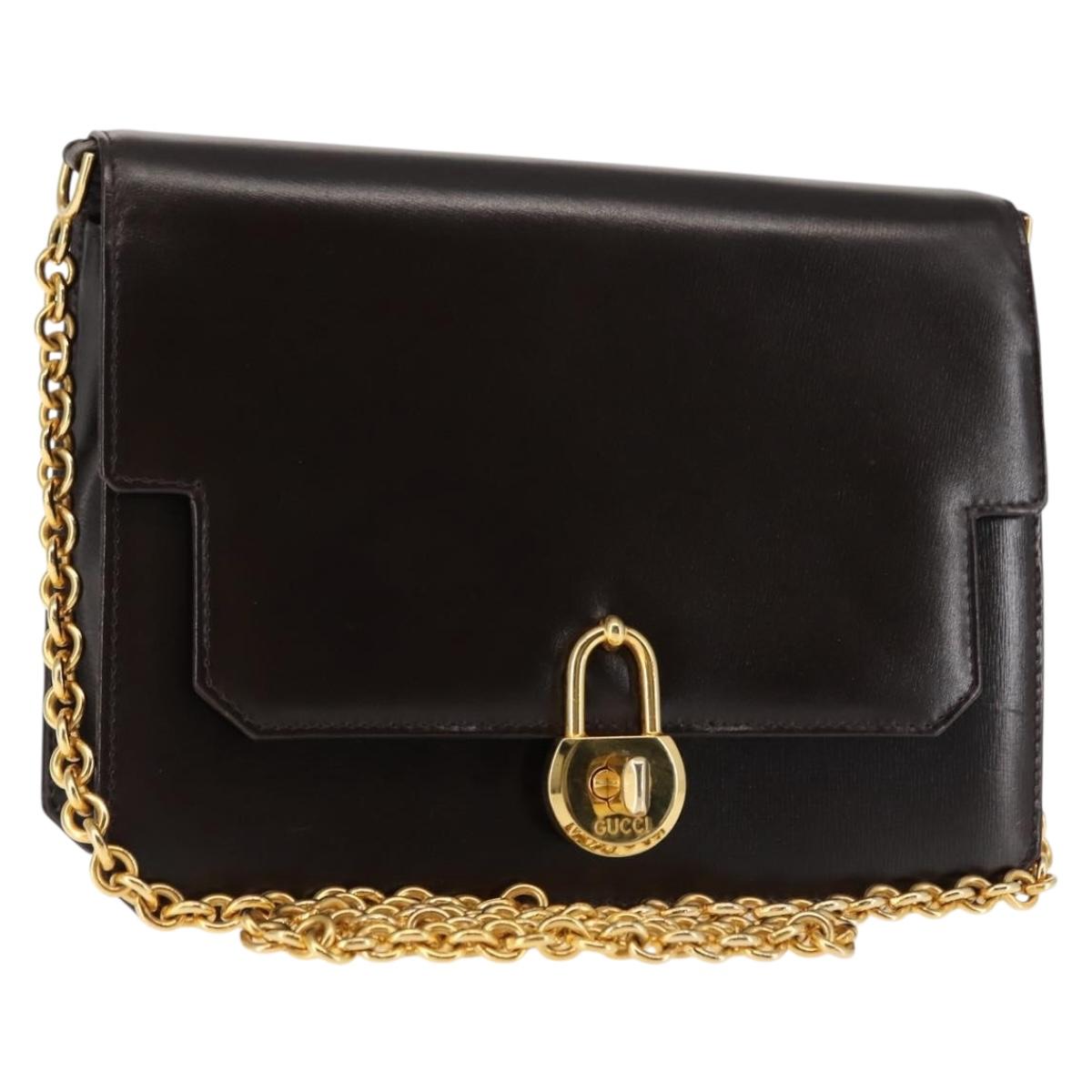 GUCCI Chain Shoulder Bag Leather Brown Gold Auth 145936
