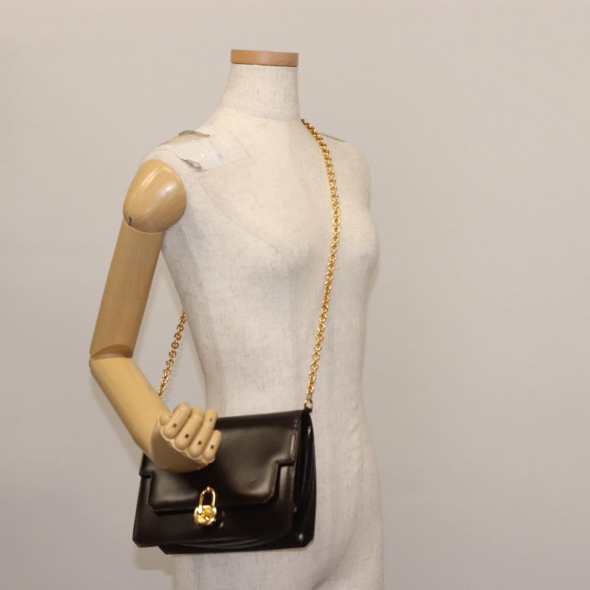 GUCCI Chain Shoulder Bag Leather Brown Gold Auth 145936