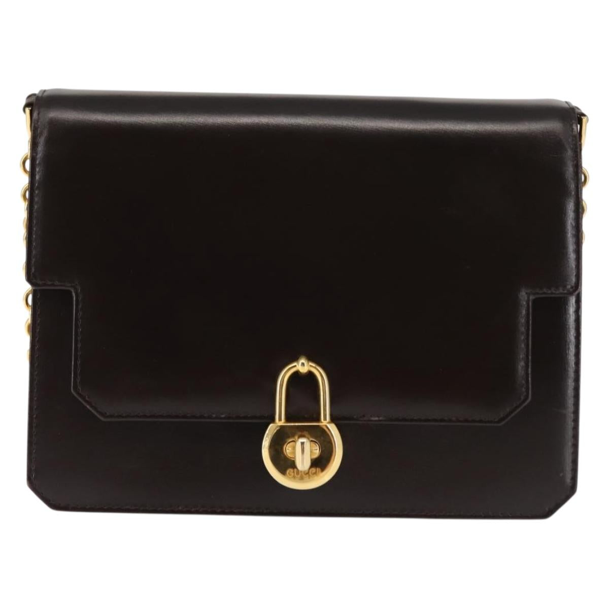 GUCCI Chain Shoulder Bag Leather Brown Gold Auth 145936