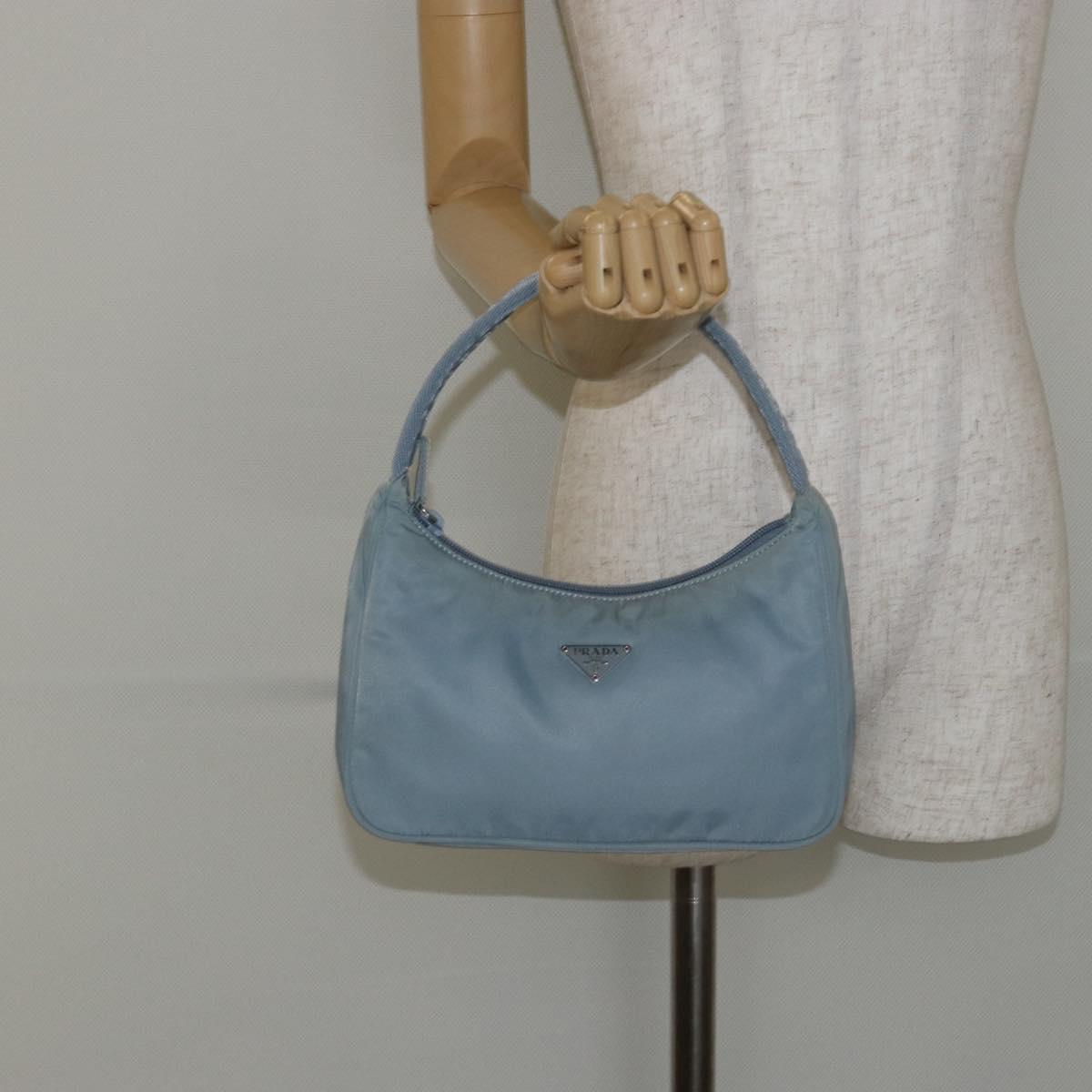 PRADA Hand Bag Nylon Light Blue Silver Auth 145937