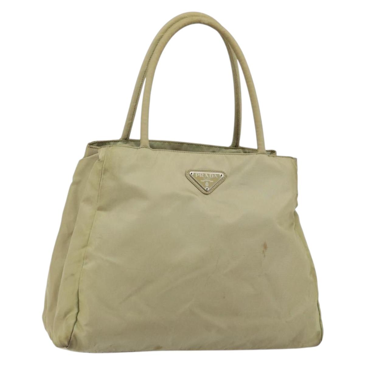 PRADA Tote Bag Nylon Beige Silver Auth 145938