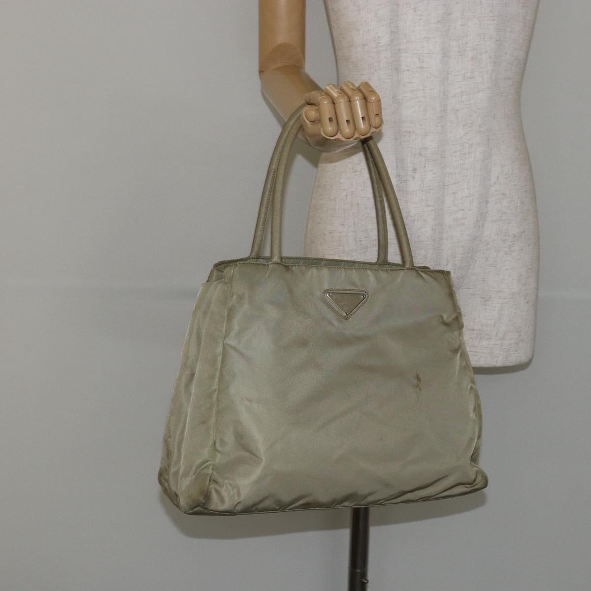 PRADA Tote Bag Nylon Beige Silver Auth 145938