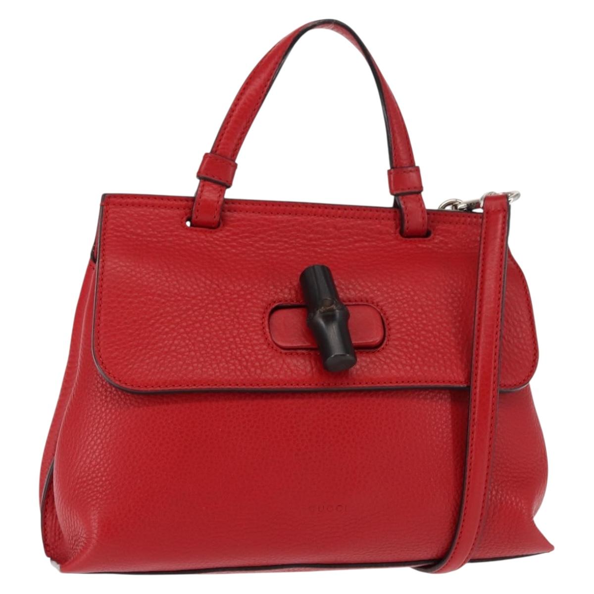 GUCCI Bamboo Hand Bag Leather 2way Red Silver 370831 Auth 145950