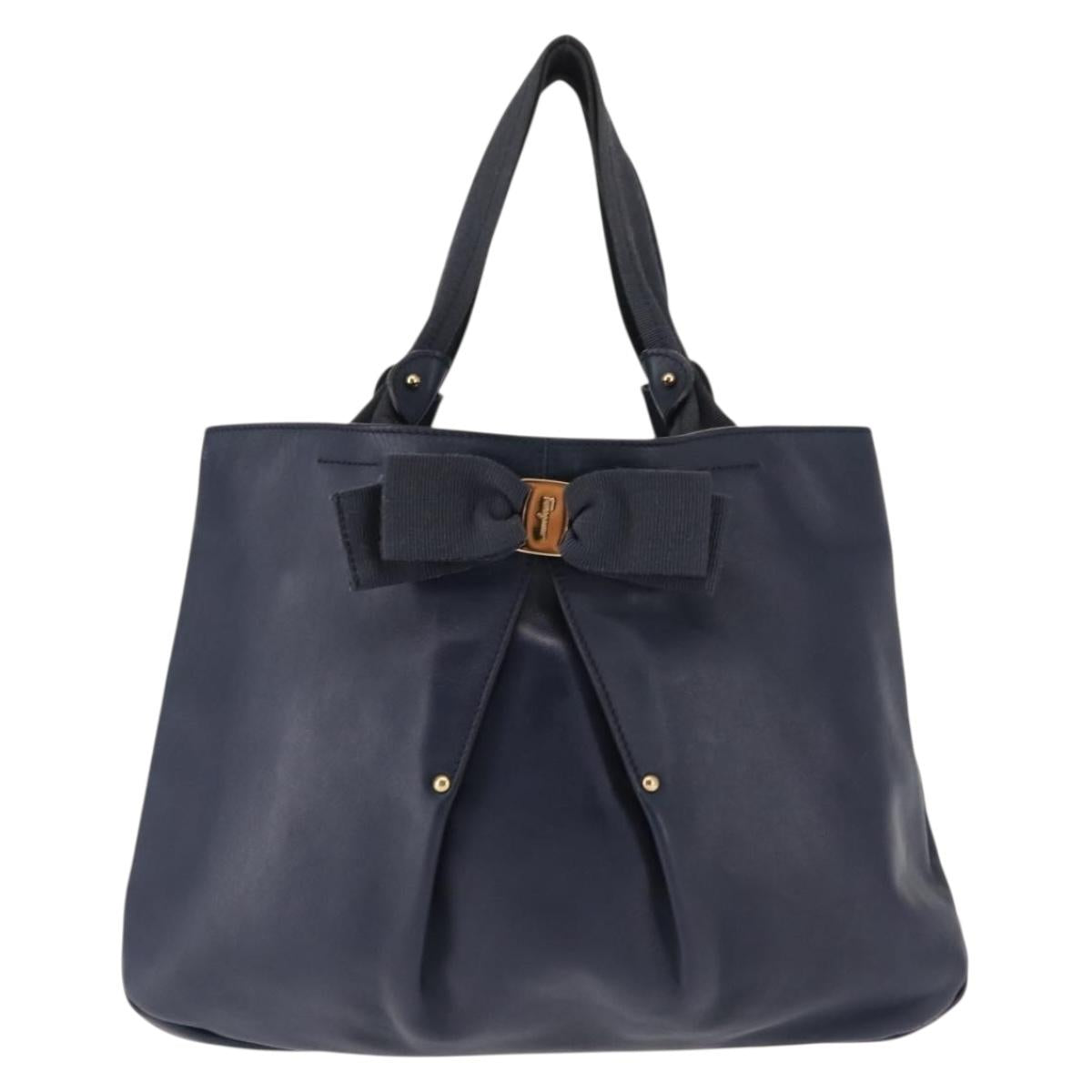 Salvatore Ferragamo Vala Tote Bag Leather Navy Gold Auth 145957
