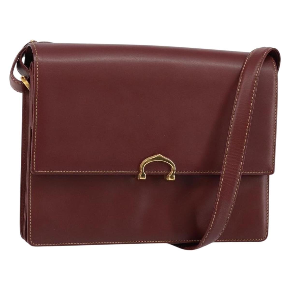 CARTIER Shoulder Bag Leather Bordeaux Gold Auth 145960