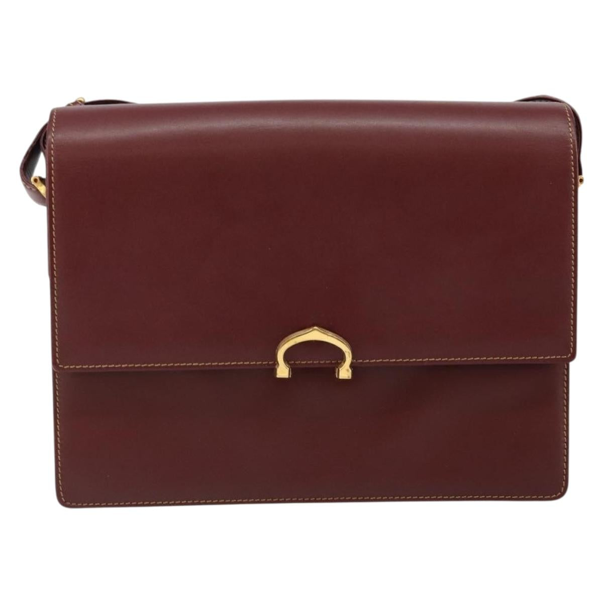 CARTIER Shoulder Bag Leather Bordeaux Gold Auth 145960