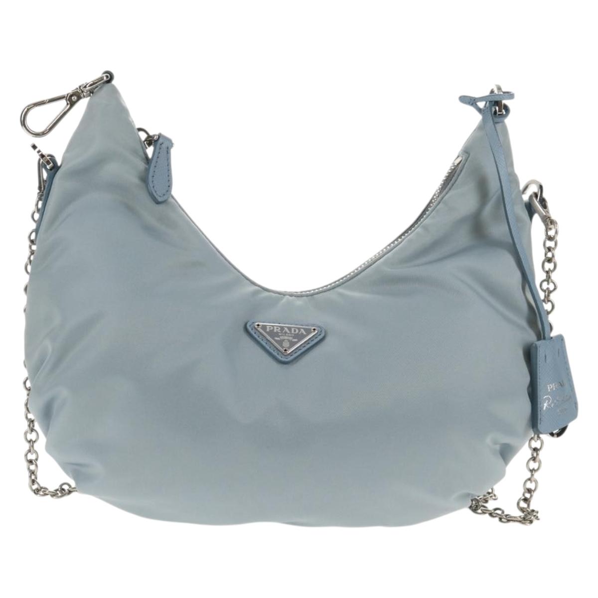 PRADA Chain Shoulder Bag Nylon Light Blue Silver Auth 145974M