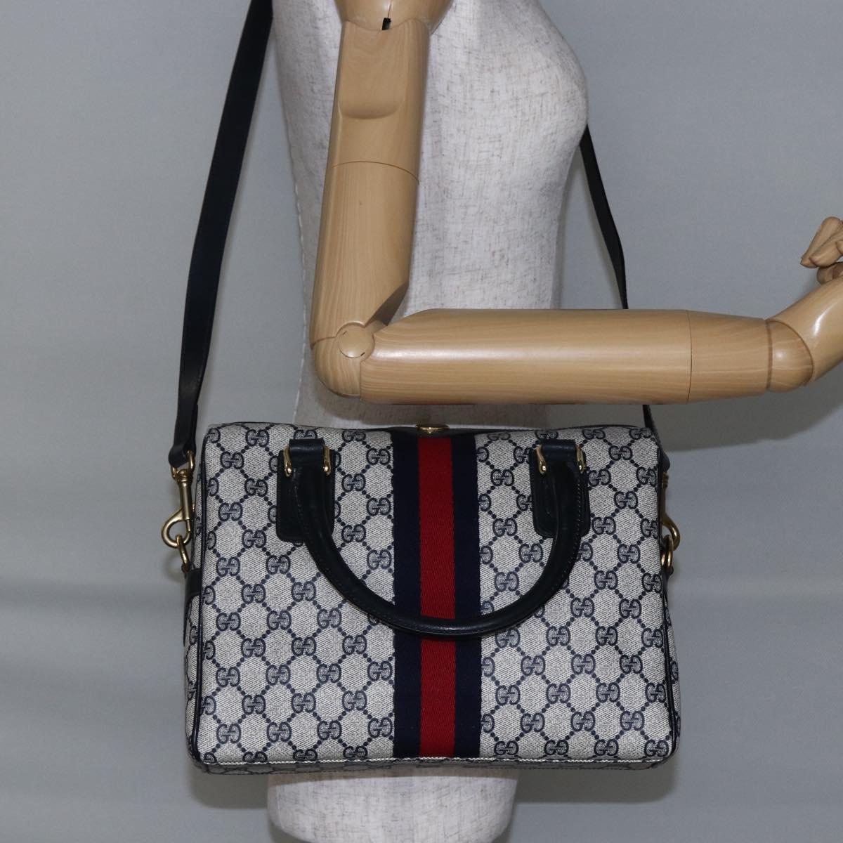 GUCCI GG Supreme Sherry Line Shoulder Bag PVC 2way Navy Gold 010 378 Auth 145988