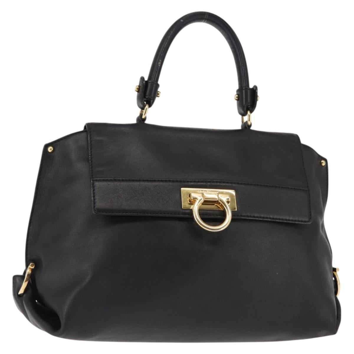 Salvatore Ferragamo Gancini Sofia Hand Bag Leather Black Gold Auth 145991