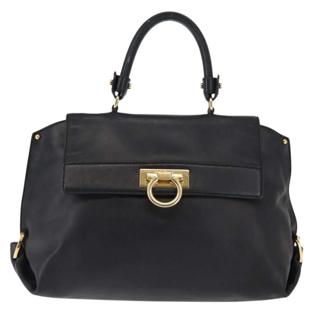 Salvatore Ferragamo Gancini Sofia Hand Bag Leather Black Gold Auth 145991